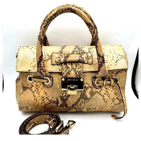 Jimmy Choo Rosalie Python-Embossed Handbag Tan Snake Print Satchel - Picture 2 of 15